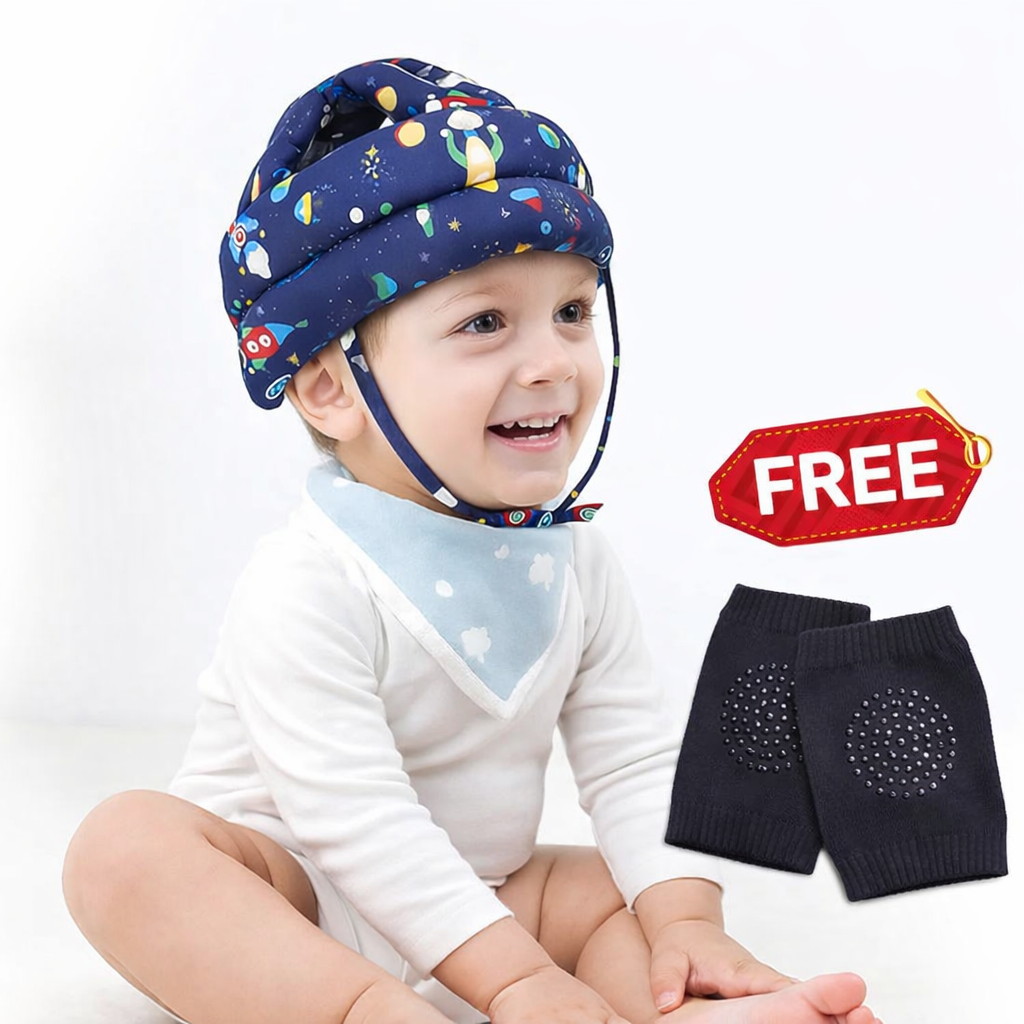 Child wearing a colorful helmet with free knee pads displayed on a white background