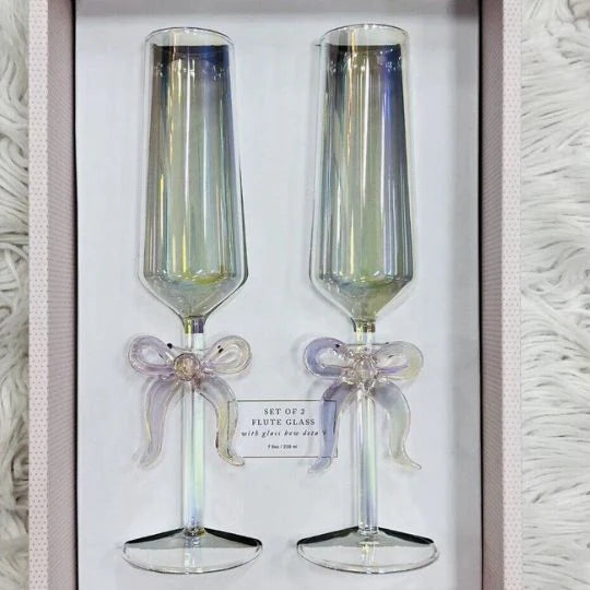 Pink Bow Glass Flutes