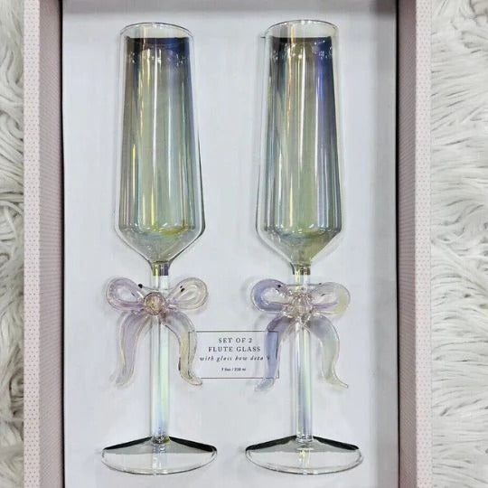 Pink Bow Glass Flutes