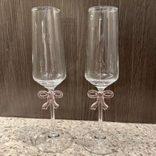 Pink Bow Glass Flutes